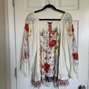 John Mark Floral Embroidered Tassel Tie Neck Peasant Top - L